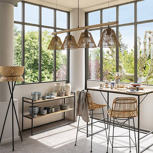 Lampadaire trépied Suny - bambou et métal - noir - H145 cm - Atmosphera