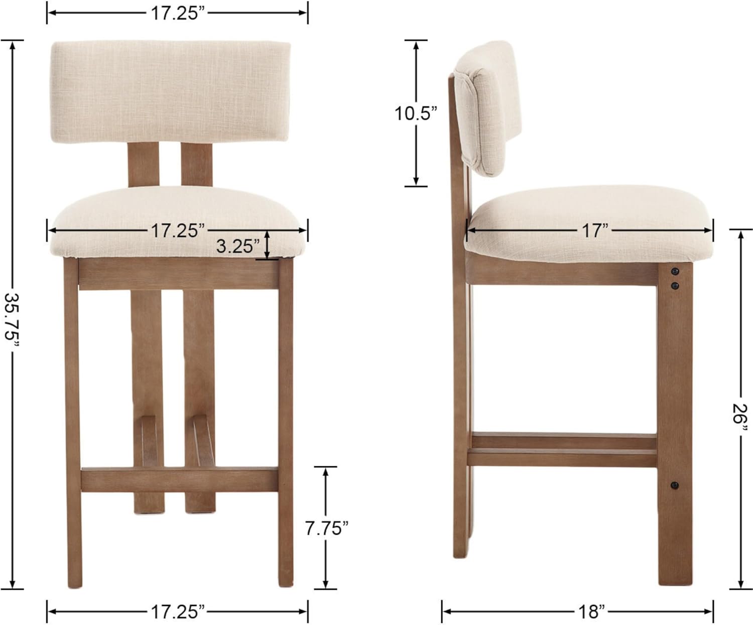 Mid Century Modern 26 Counter Bar Stools Set of 2, Farmhouse Comfy Upholstered Wooden Counter Height Barstools with Footrest for Kitchen Island/Home Bar/Cafe, Linen Beige White