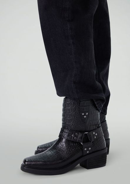 Zwarte leren croco biker boots