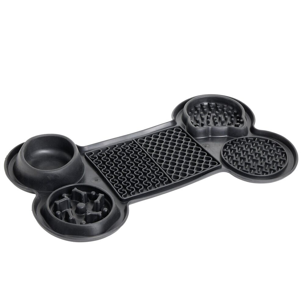 Tapis gamelle chien léchage et anti glouton forme os noir 37,8x22,3xH4cm