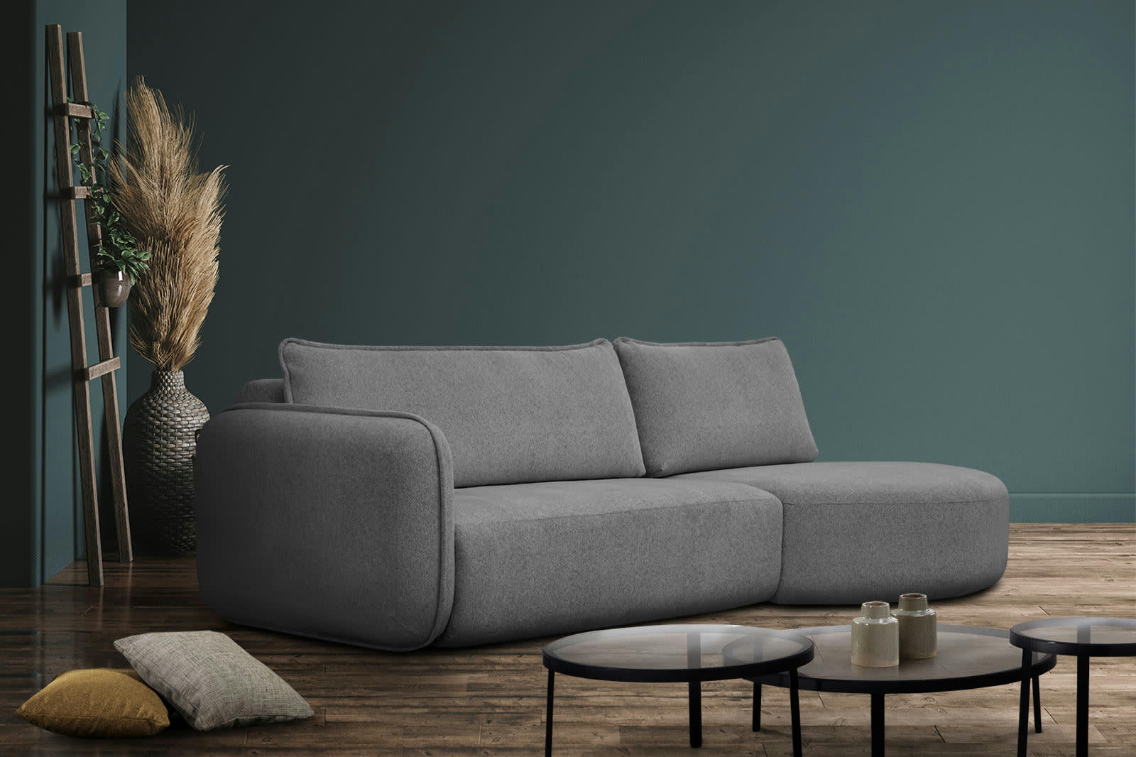 IPSUM - Canapé d'angle droit 3 places avec l'île tissu gris