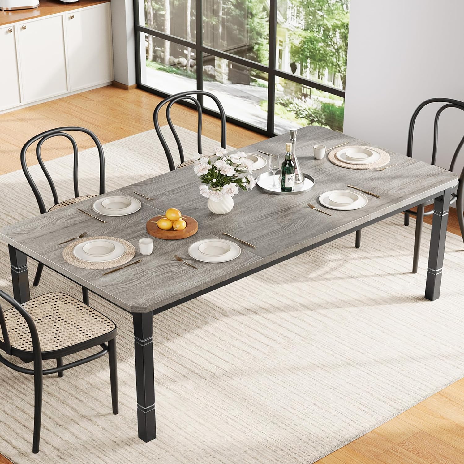 Garvee Large Dining Table for 6-8 People, 71 Wooden Kitchen Table with Sturdy Metal Frame, Dining Room Table for Dining Room, Kitchen, Black Leg & Grey