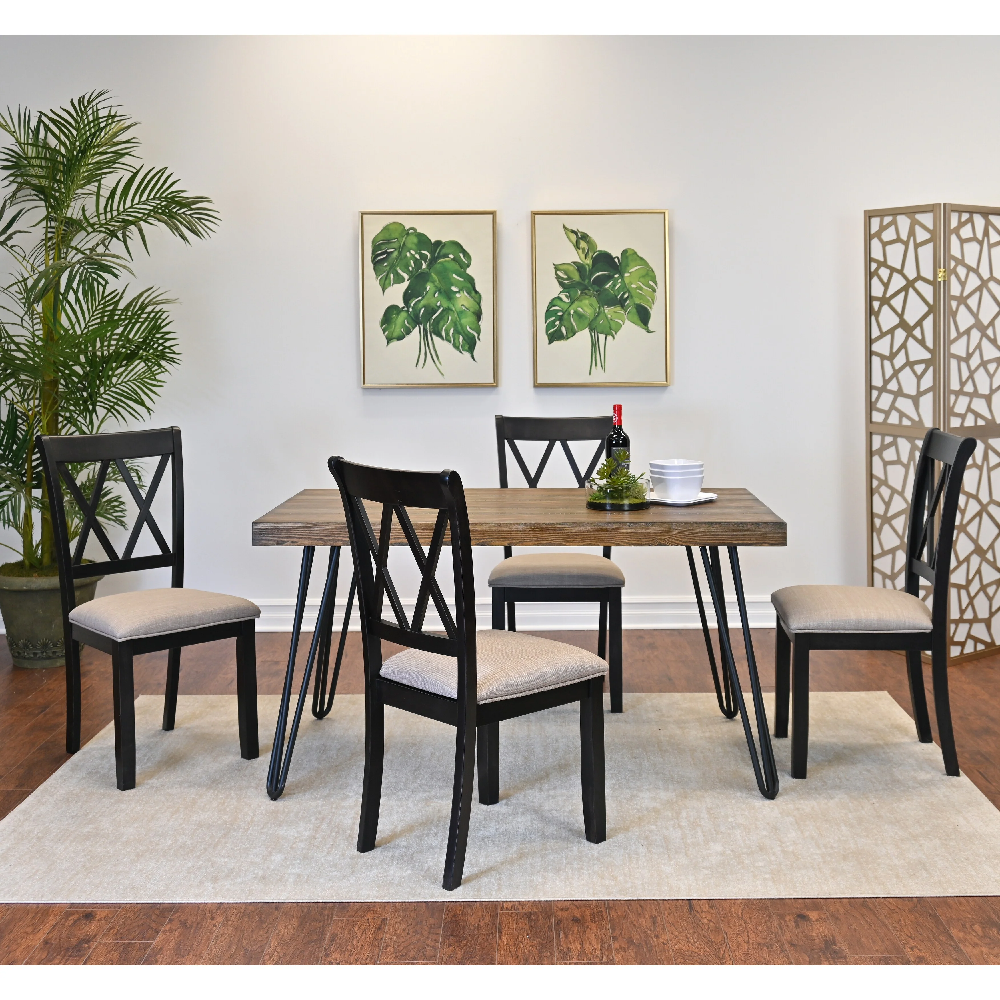Dining Room Furniture Set for 5 Piece, Retro Rectangular Kitchen Hairpin Table with 4 Cross Back Chairs, for Living Room