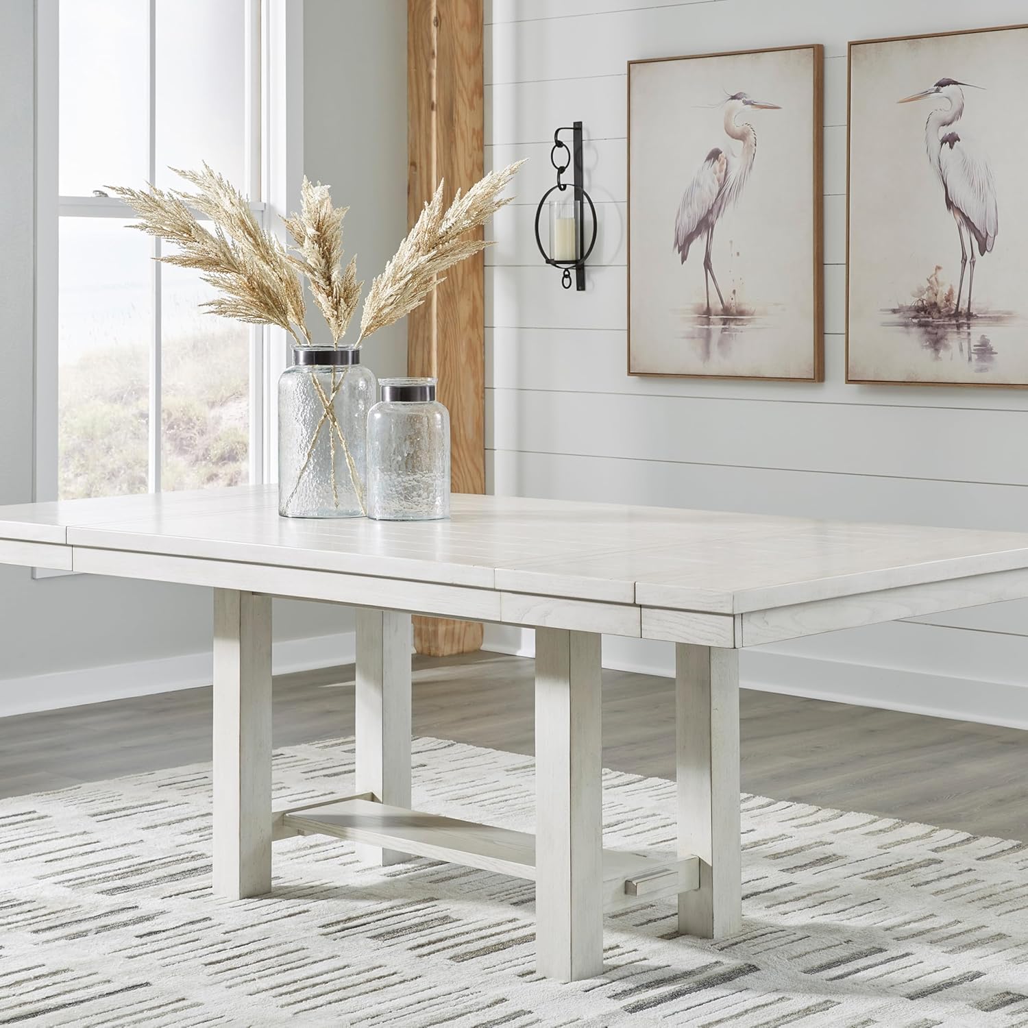 Signature Design by Ashley Robbinsdale Casual Removable Center Leaf Dining Extension Table with Trestle Base, Wood, Ash Veneer, Tabletop with Planked Effect, 2 Removable Center Leaves, Seats 8, White