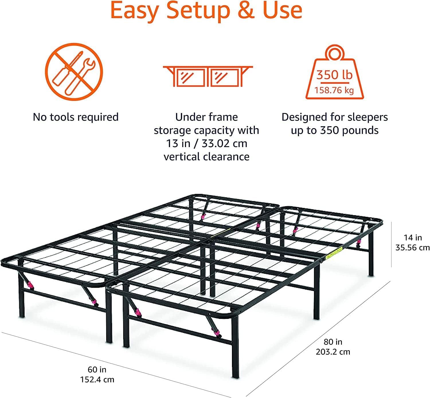 Amazon Basics Bed Frame with Storage, Foldable Metal Platform, Sturdy Steel, No Box Spring Needed, 14-inch High, Tool-Free Setup, Noise Free, Easy Assembly, Queen Size, Black