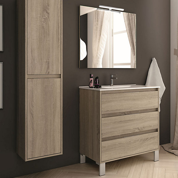 Ensemble meuble de salle de bain 80cm simple vasque   colonne de rangement TIRIS - cambrian (chêne)