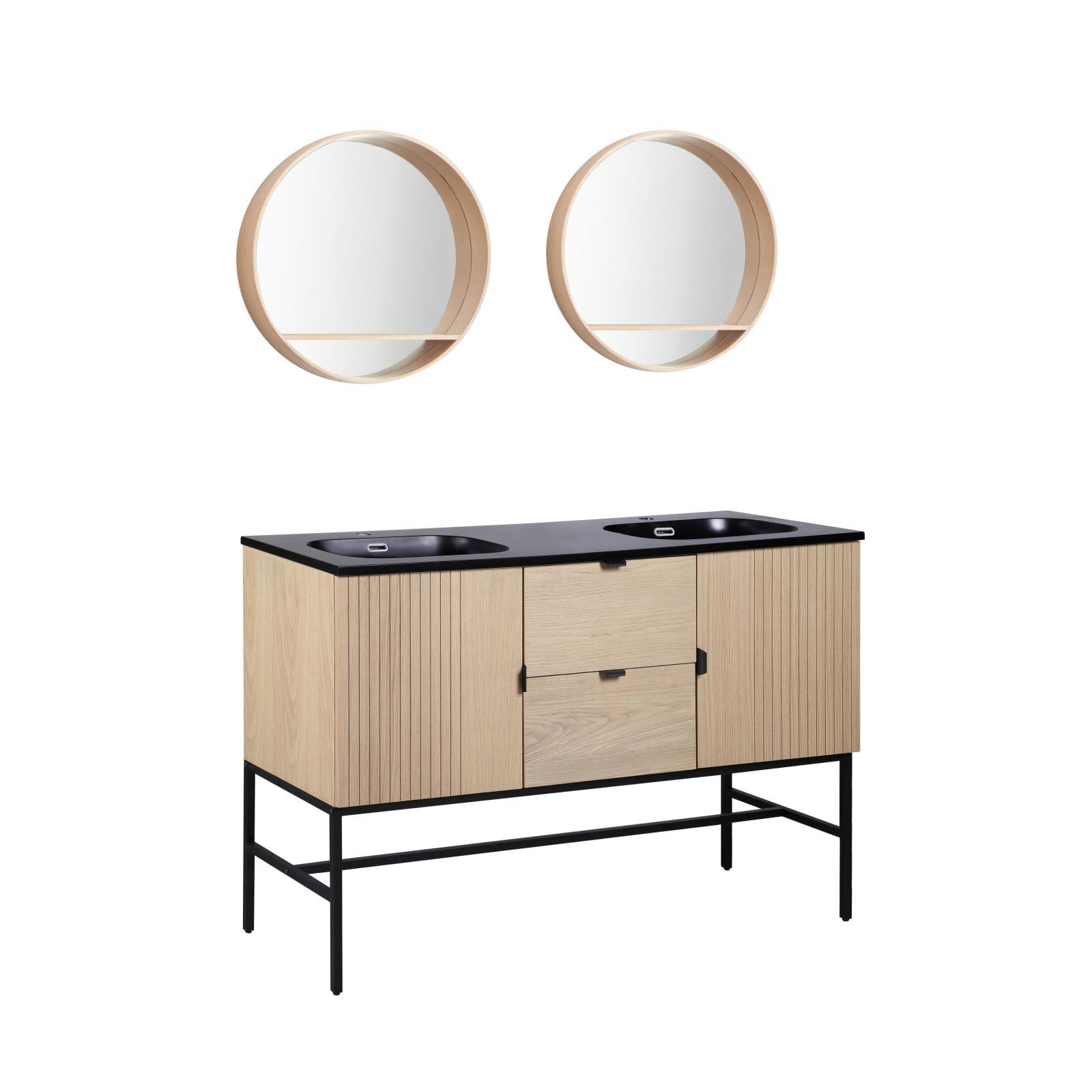 STUDIO - Meuble double vasque 140cm chêne STUDIO sur pieds + miroir rond