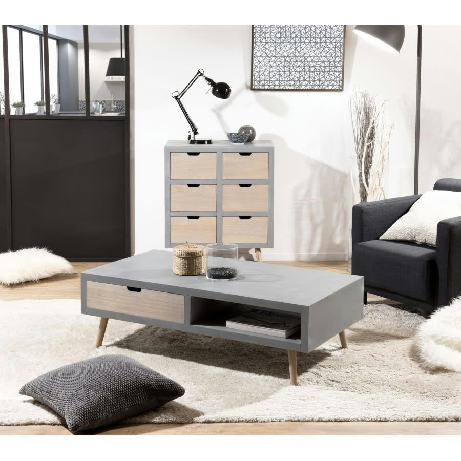 MARTIN - Table basse grise 1 niche 2 tiroirs en pin L120