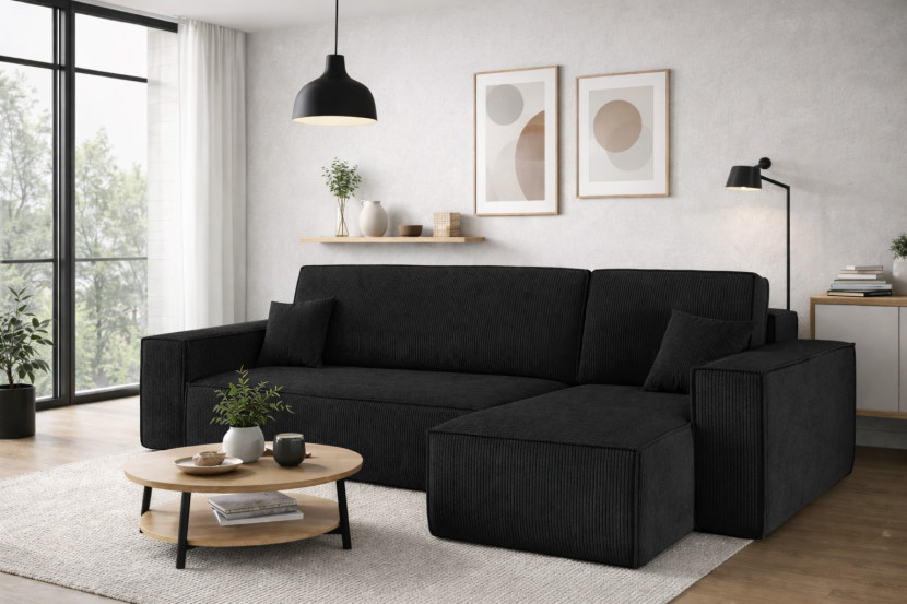 Sofa w kształcie L BEST narożnik, tkanina Poso, Czarny Prawostronny