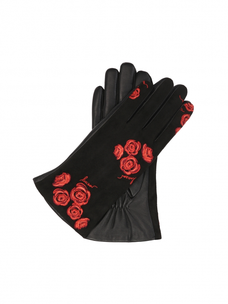 Elegant black gloves with embroidered red flowers