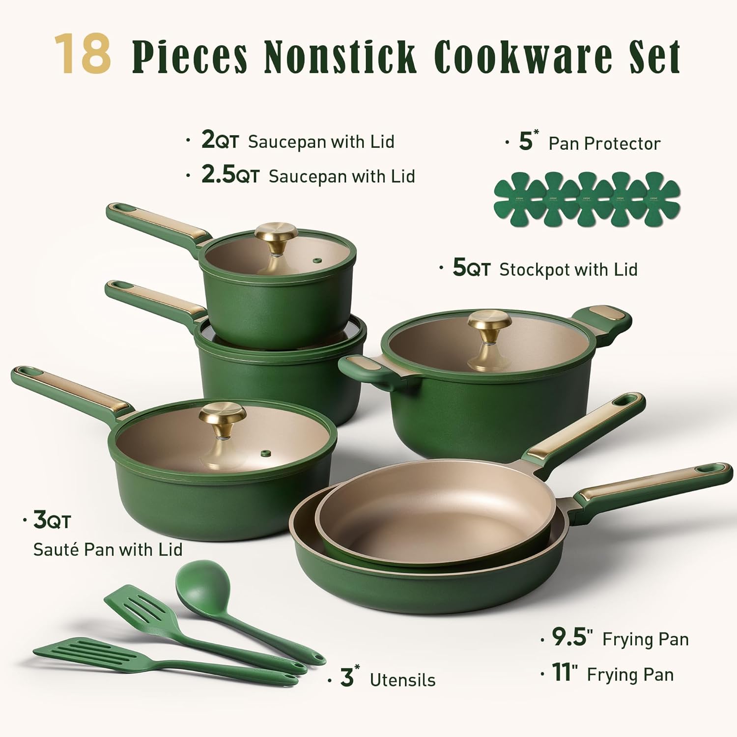 CAROTE Pots and Pans Set Non stick, 18pcs NonStick Kitchen Set Induction Cookware Non-toxic Cooking Set, Dishwasher/Oven Safe,Cookware Set,Green