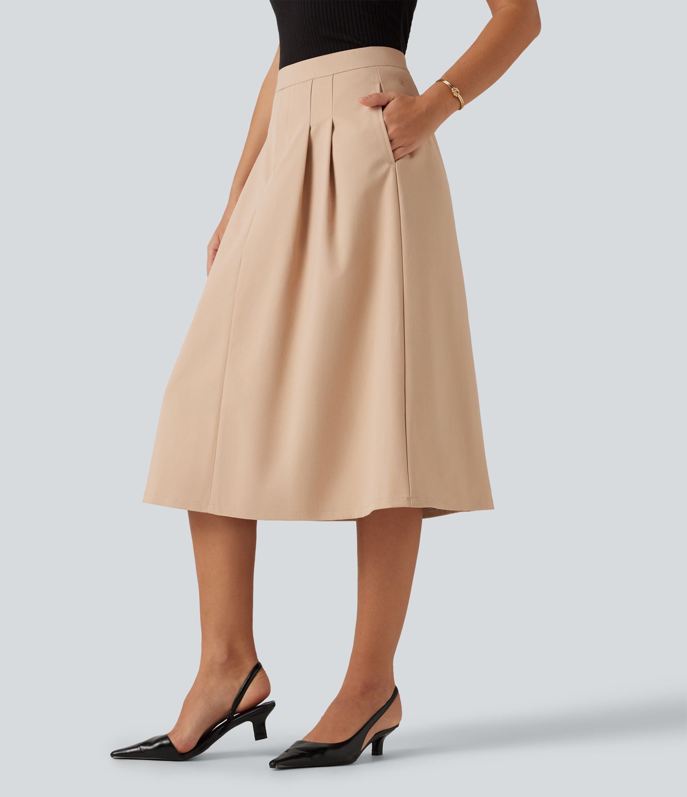 Jupe midi de bureau taille haute coupe trapèze avec poches