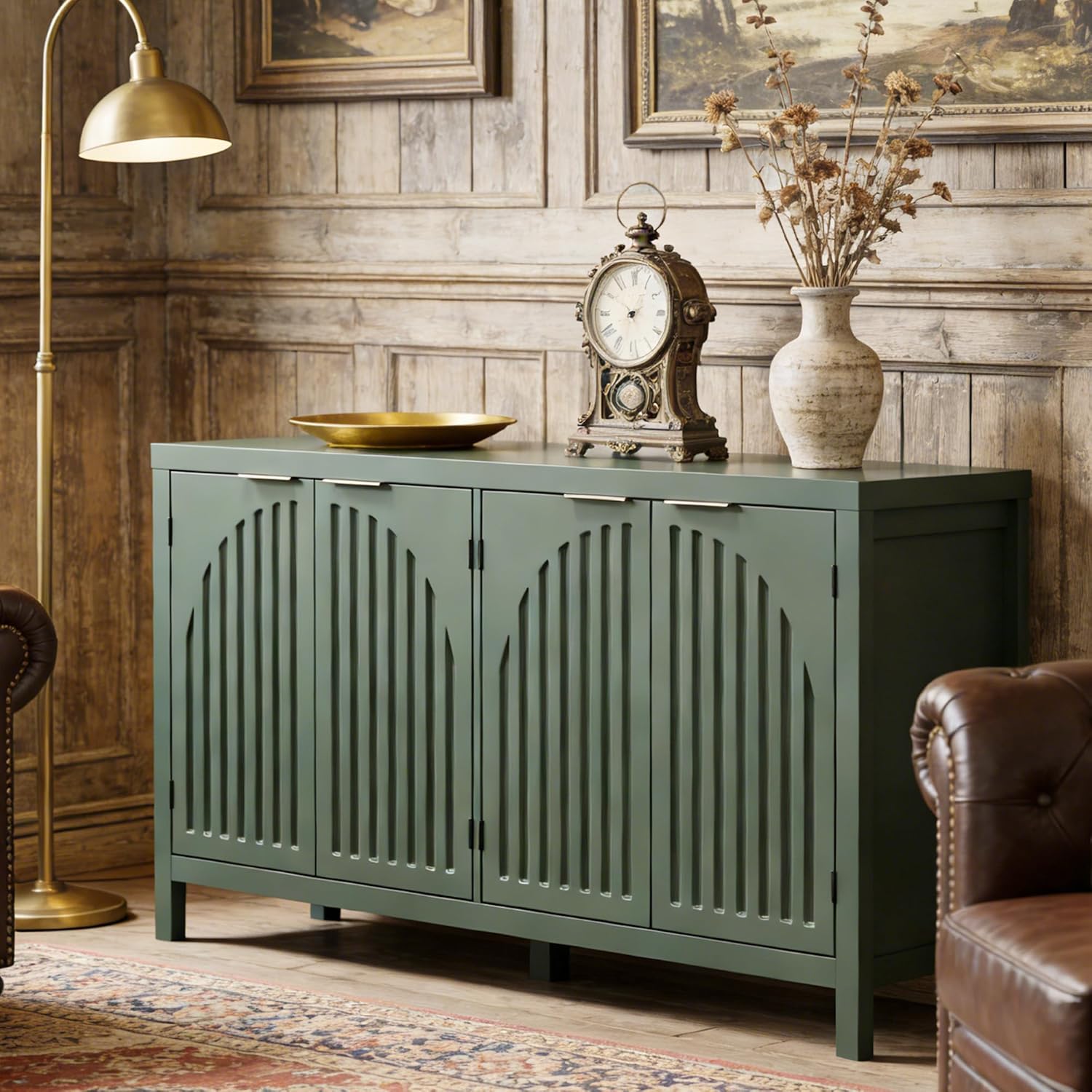 58 W Sideboard Buffet Cabinet with Storage, Mid Century Modern Credenza with Arch Doors & Shelves Coffee Bar Media Console Cabinets for Kitchen, Living Room, Entryway (Green)