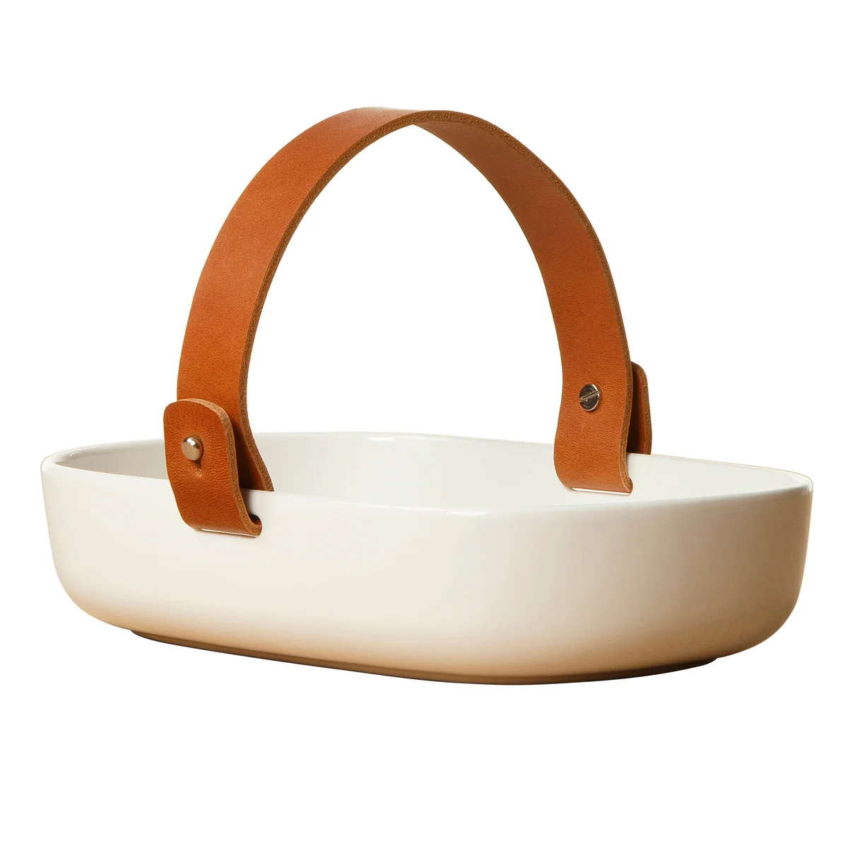 Marimekko - Oiva Servierschale mit Ledergriff, 13.5 x 20 cm, weiß / cognac