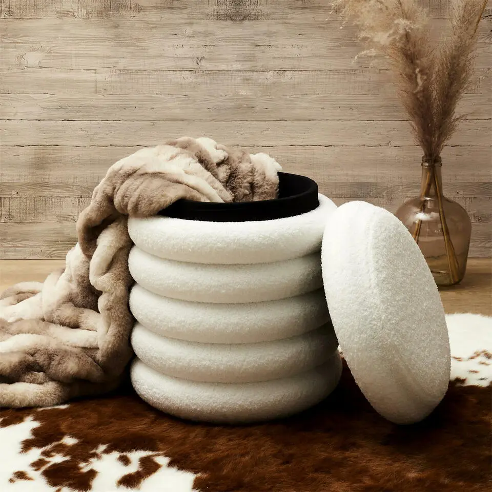 Home Deco Factory Poef/krukje - boucle - wit - D37 x H44 cm