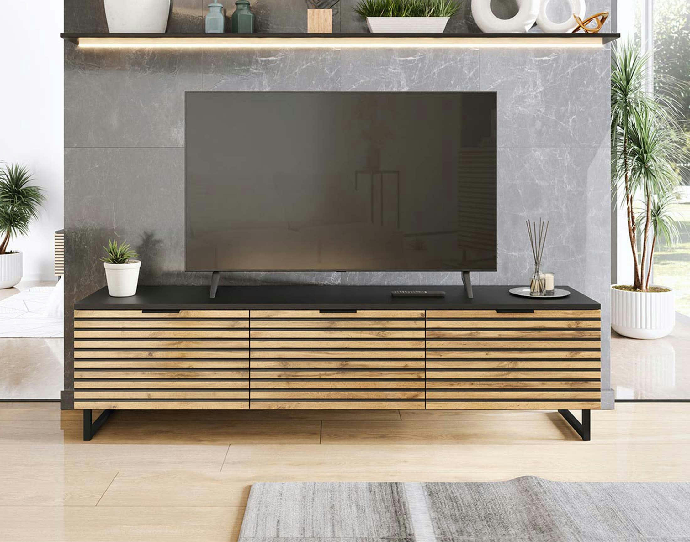 OLYMPIE - Meuble TV style contemporain 150 cm noir / bois