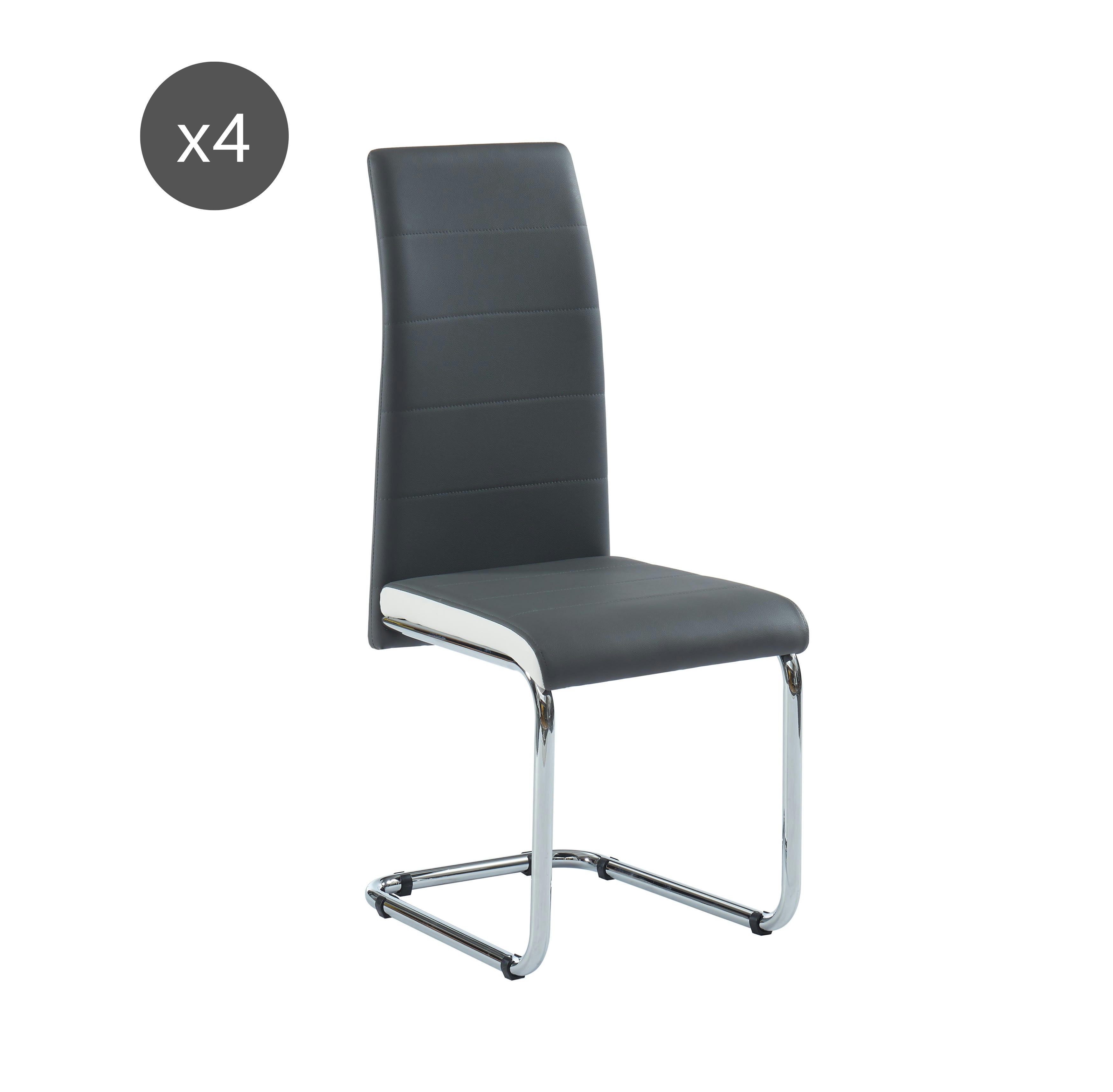 MARA - Lot de 4 chaises  simili gris et blanc pieds métal chromé