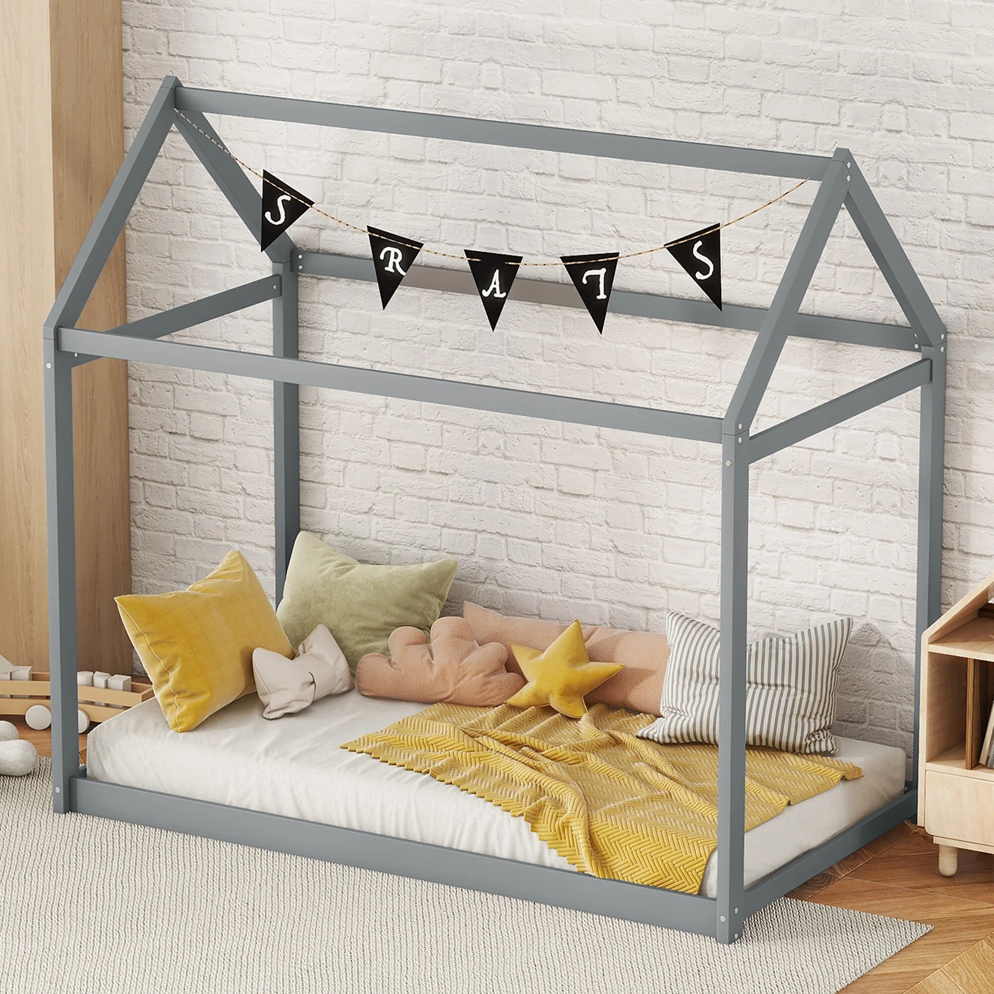 Twin Size Wooden House Bed Frame for Kids, Low Height, Easy Assembly, White