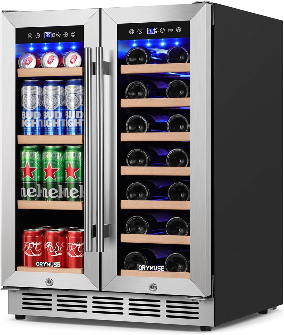 ORYMUSE 24 Inch Dual Zone Wine and Beverage Refrigerator, Built-in or Freestanding Cooler with French Doors, Under Counter Drink Fridge with Upgraded Compressor for Beer, Wine, and Soda