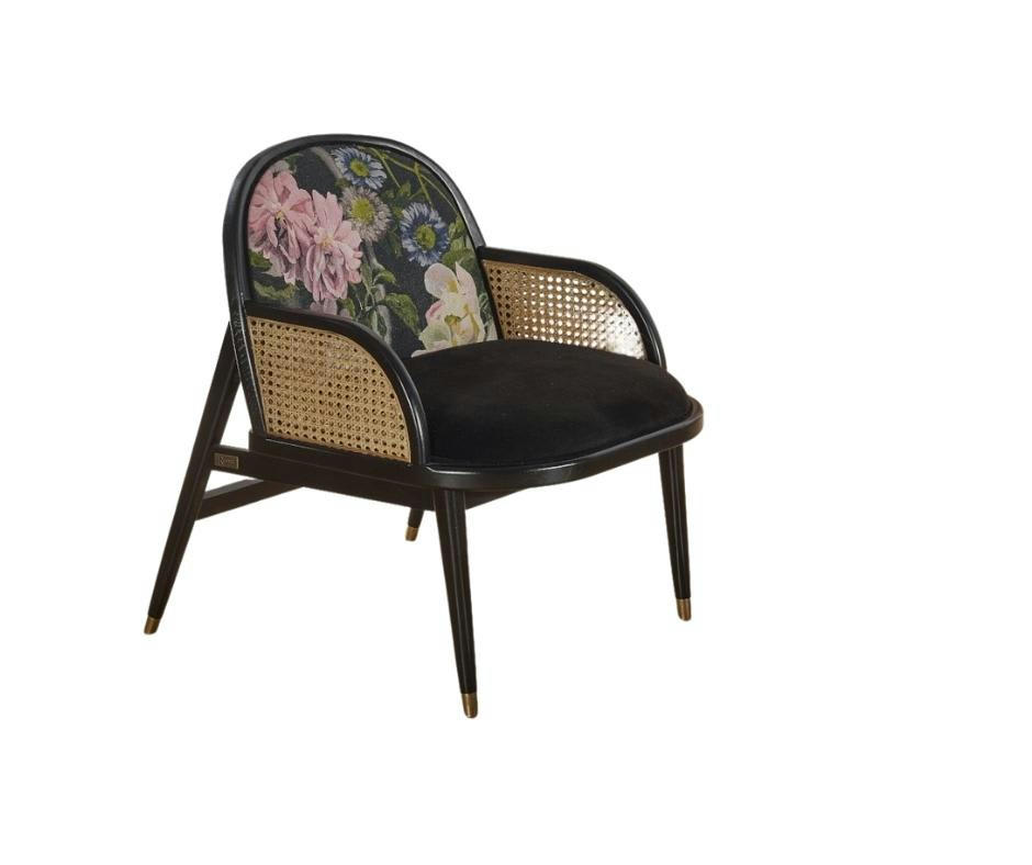 MARCEL - Fauteuil en cannage velours noir et lin motifs fleurs