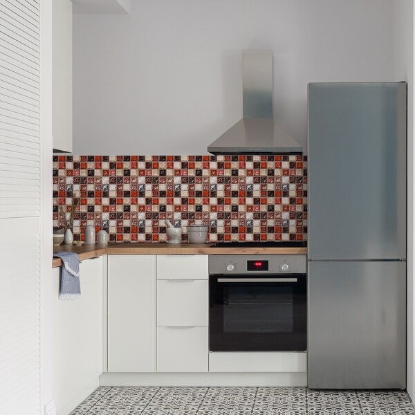 25Pcs Peel and Stick Tiles Backsplash, 4"x4" Mosaic Tile Stickers, Red Black - Red+Black