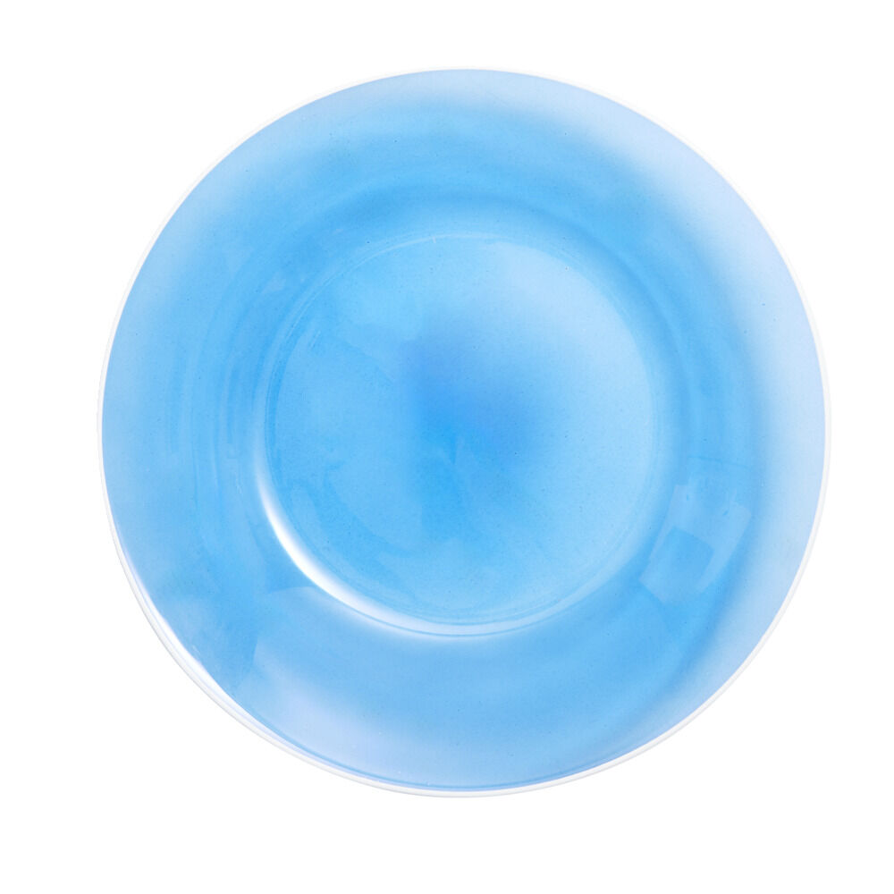 Assiette creuse verre bleu transparent liseré blanc Ø23cm