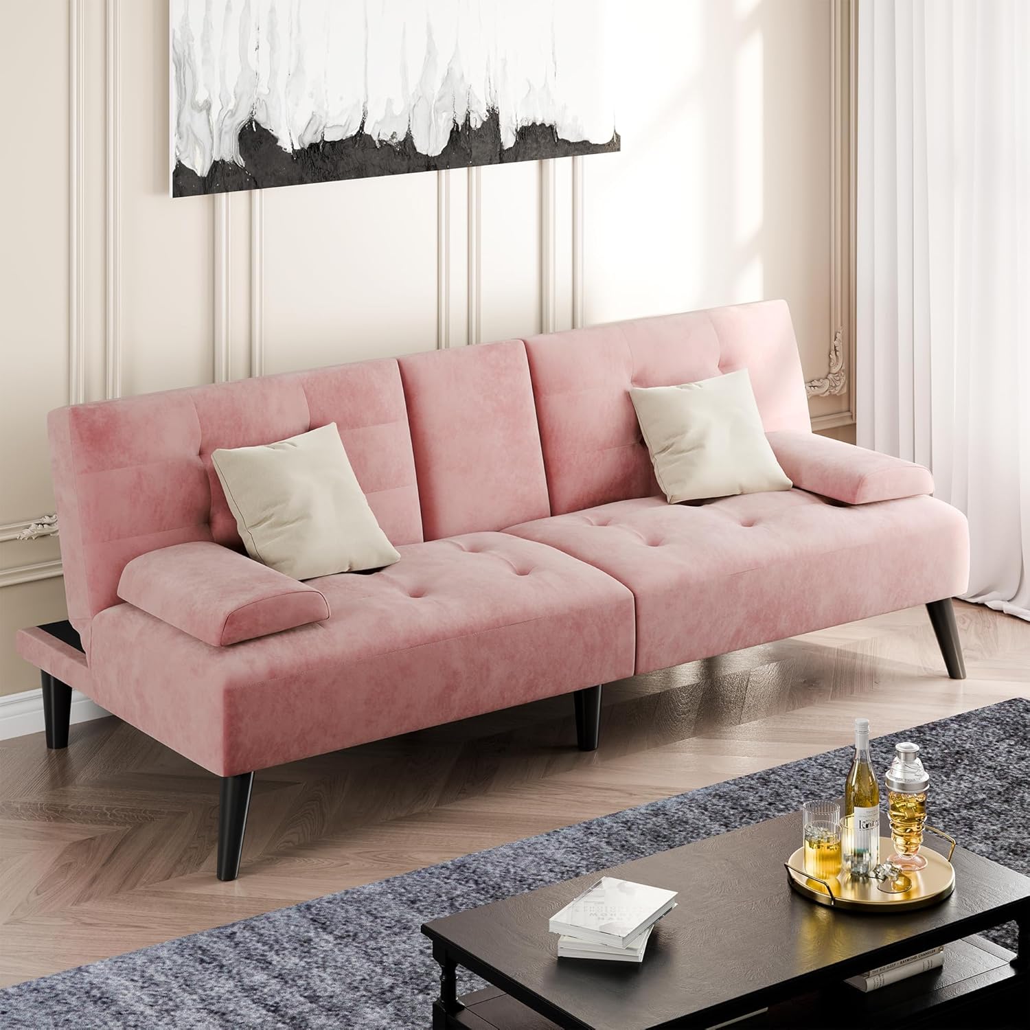 Shintenchi Futon Sofa Bed, Velvet Foldable Couch, Reclining Sleeper with Removable Armrests, Upholstered Loveseat Sofa Couch with Folding Cup Holders for Home, Office, Pink