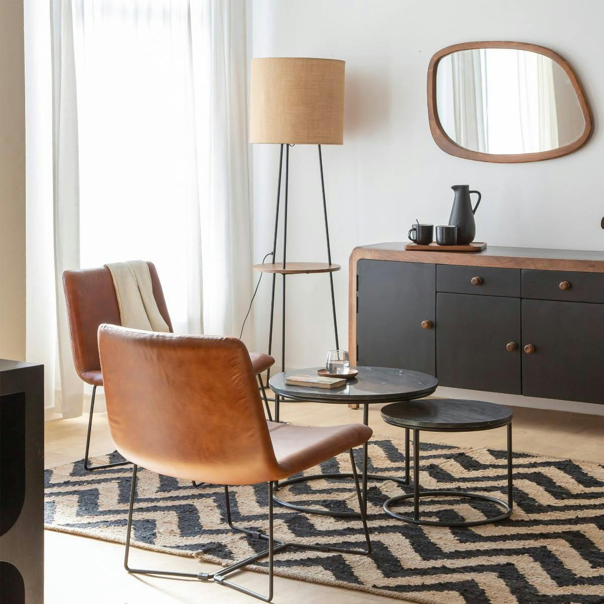 CHAHINAIZE - Fauteuil en cuir et croûte de cuir marron 60 cm