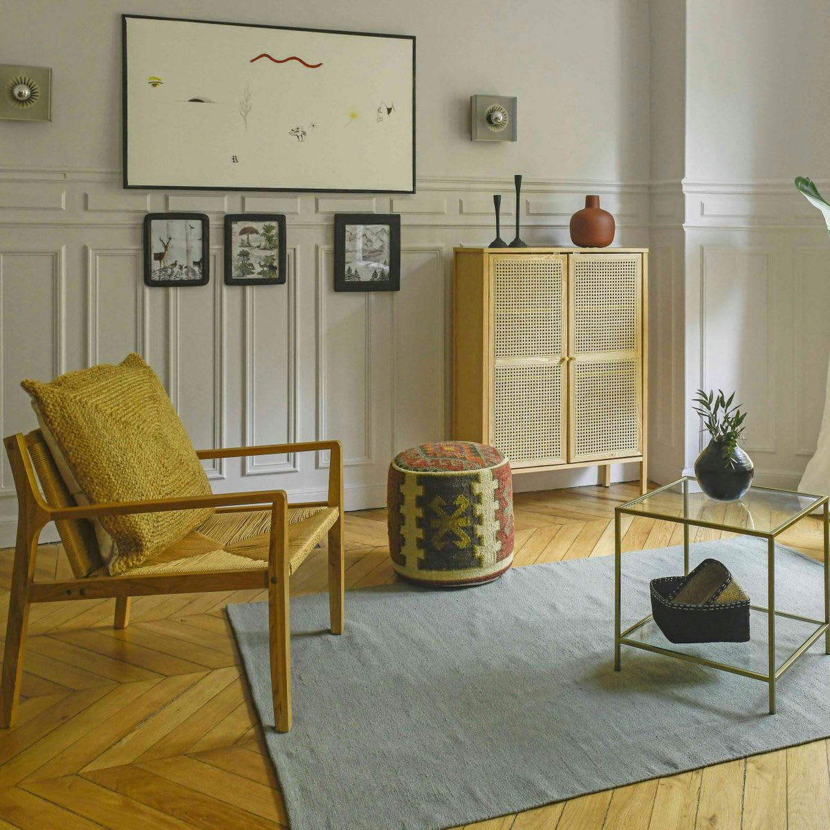 - Pouf en coton et laine tissé main à motifs colorés