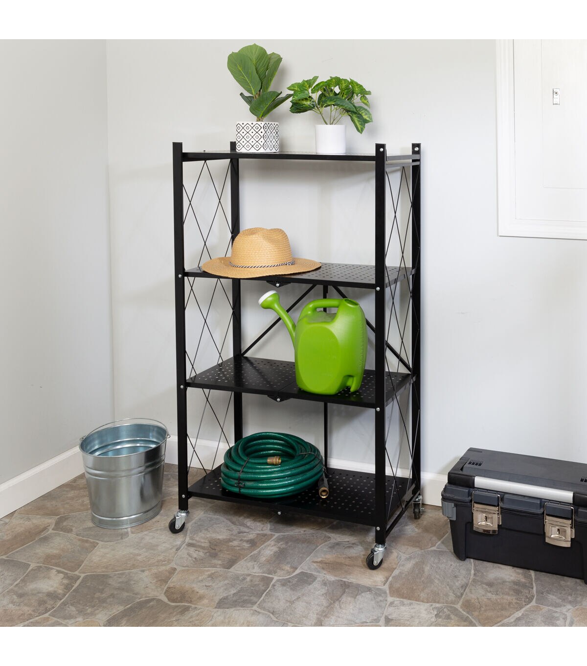 Honey Can Do 28 x 49.5 Black Folding 4 Tier Metal Rolling Shelf