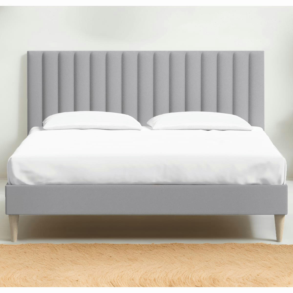 ELIOT - Lit adulte 160x200 en velours gris clair avec tête de lit matelassée