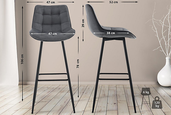 Lot de 2 tabourets de bar Dartford, Chaise de bar rembourrée, Structure métallique Grisfoncé/Velours