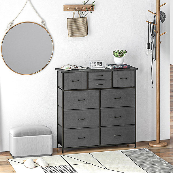 Meuble de rangement commode 10 tiroirs plateau acier MDF non tissé noir