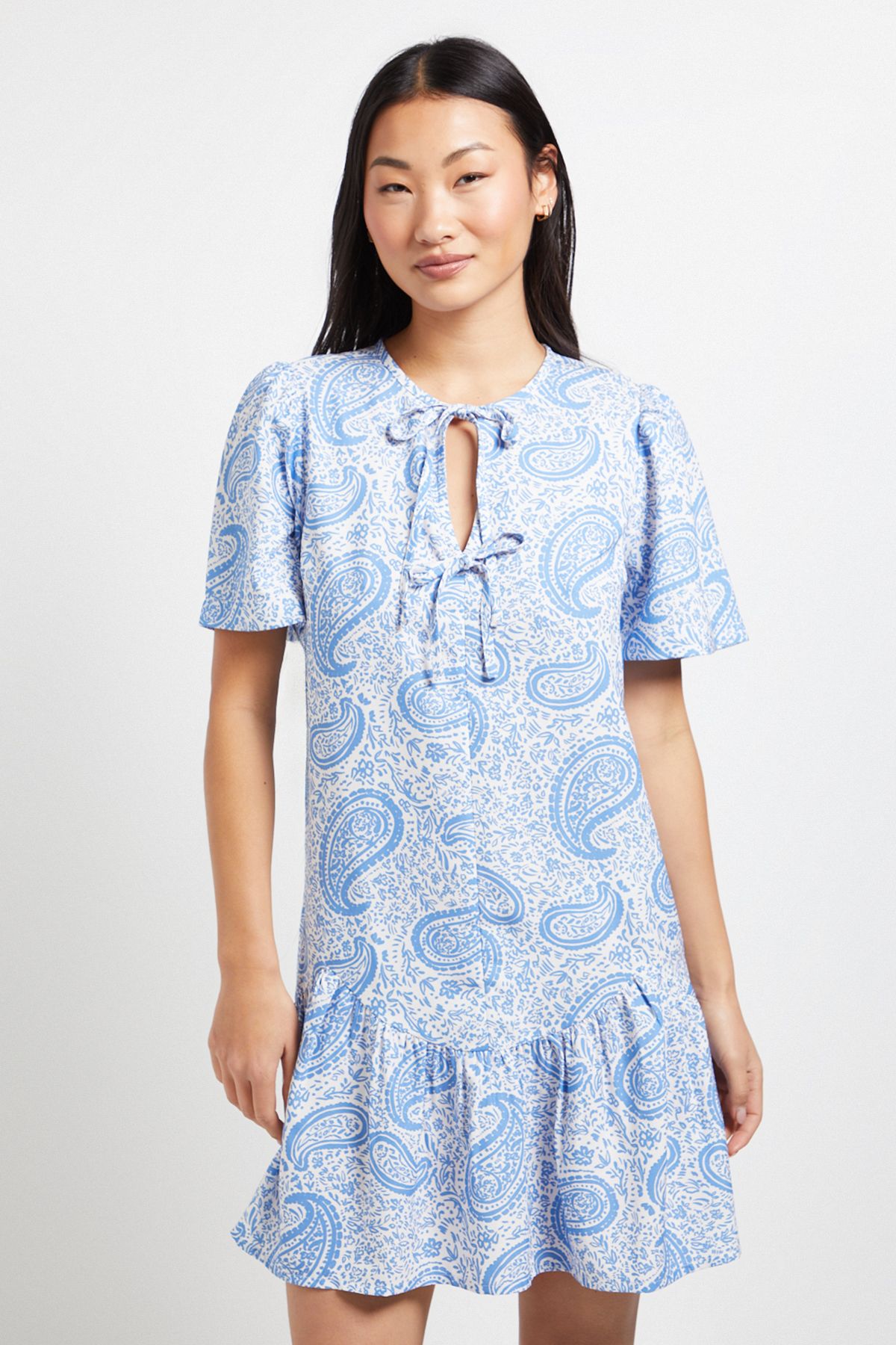 Dorothy Perkins Petite Paisley Tie Detail Drop Hem Printed Mini Dress
