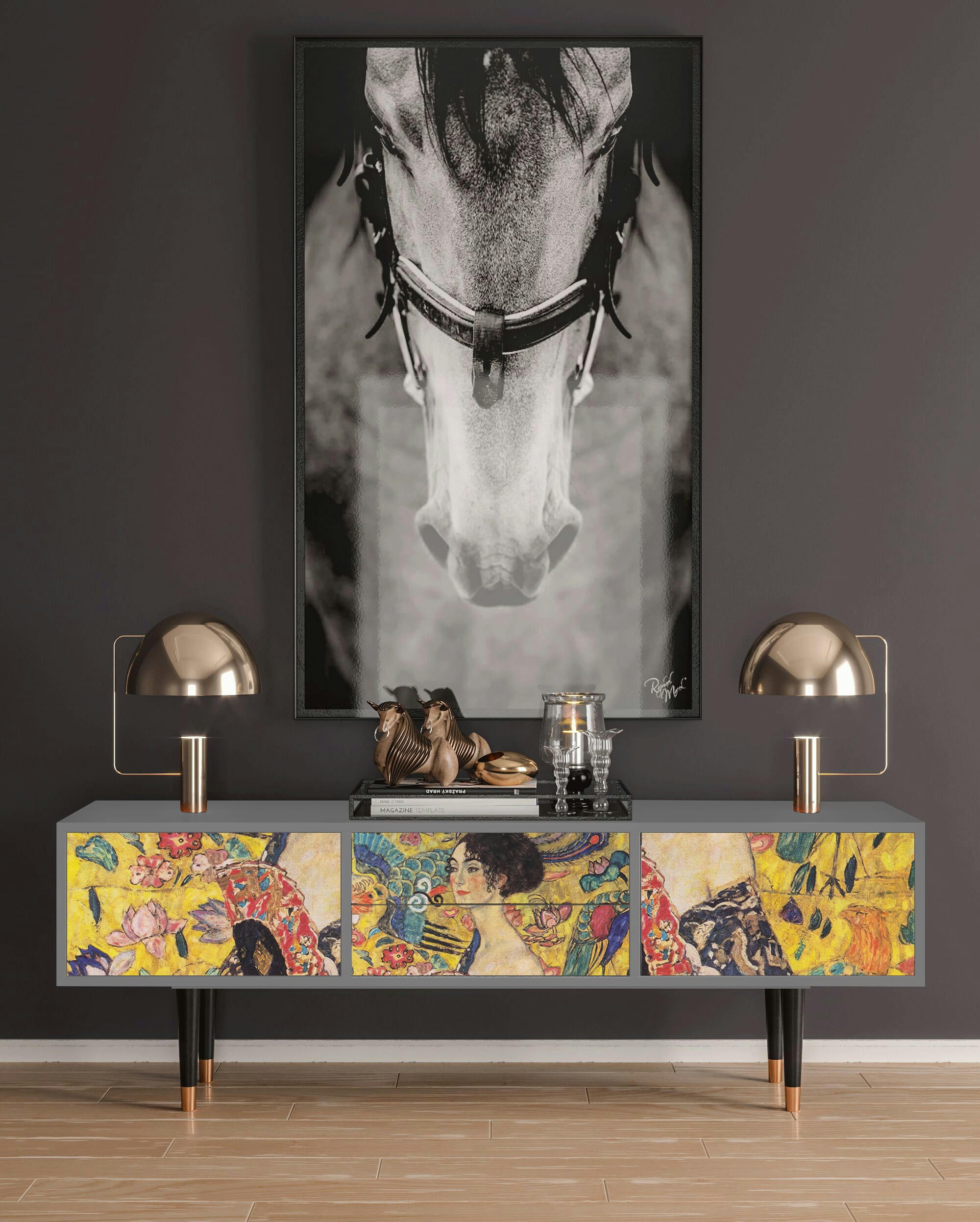 LADY WITH FAN BY GUSTAV KLIMT - Meuble TV  jaune 2 tiroirs et 2 portes L 170 cm