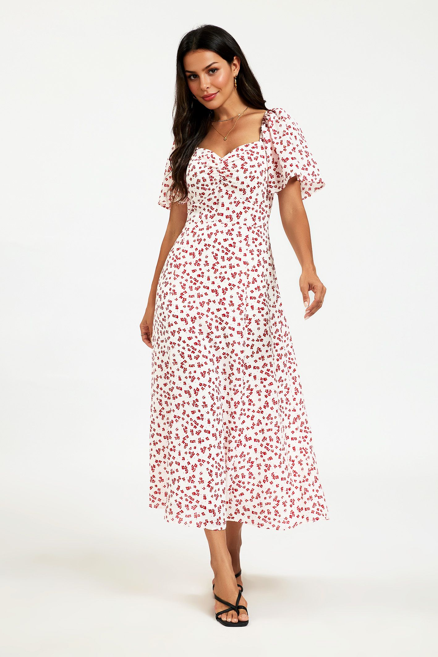 FS Collection Floral Sweetheart Neck Ruched Bust Midi Dress