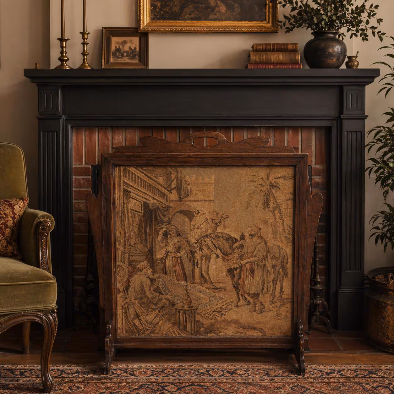 Vintage Wood Fireplace Screen with Tapestry Depicting a Marketplace Sceen