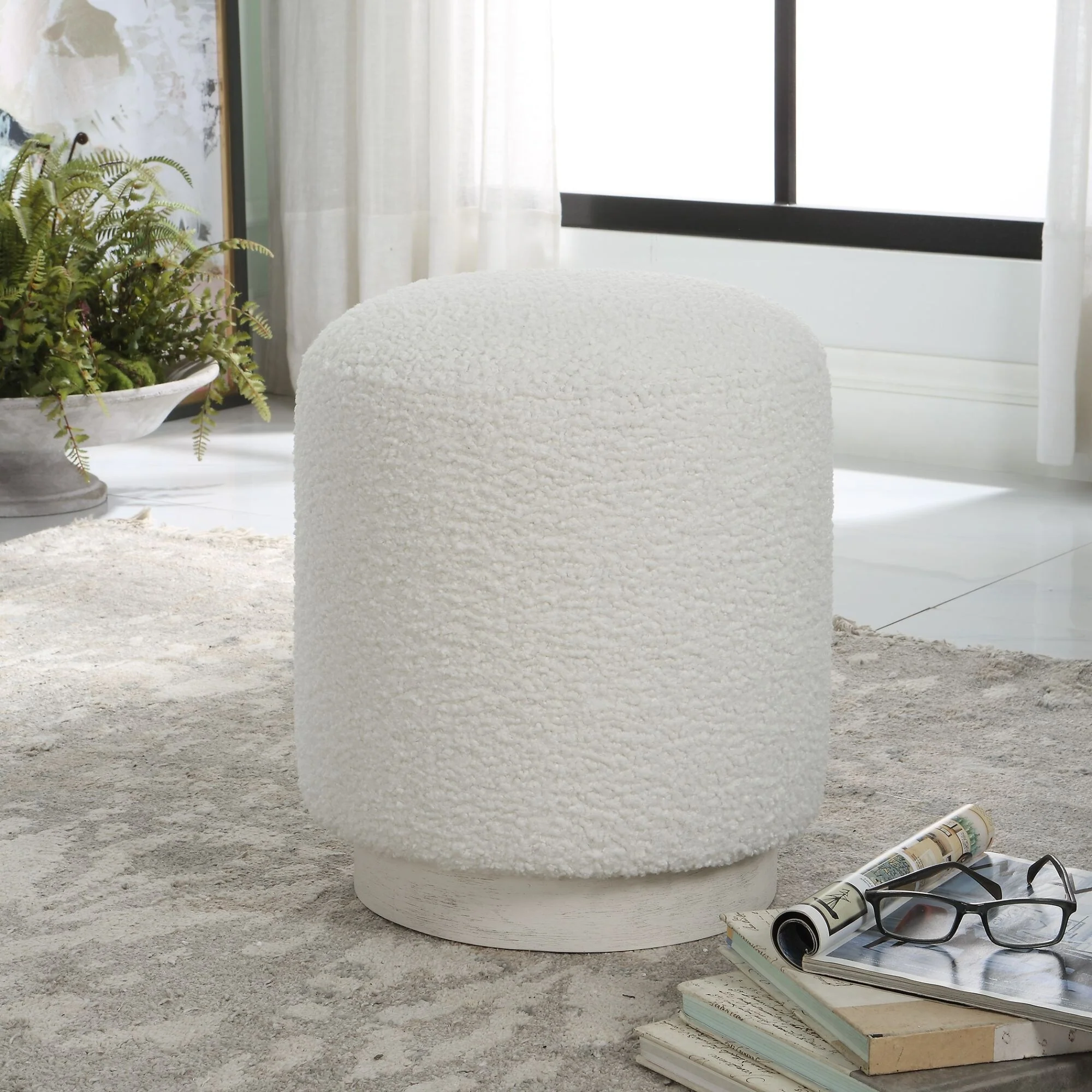 Faux Shearling Plush Ottoman - 18 - White