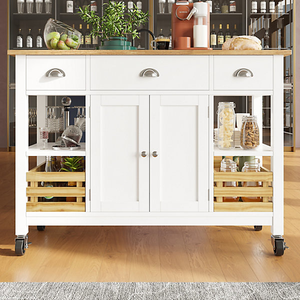 Îlot de Cuisine Multifonction avec Paniers en Pin et Rangement, Buffet Effet Bois en MDF et Métal, Blanc   Naturel, 120x45x90 cm