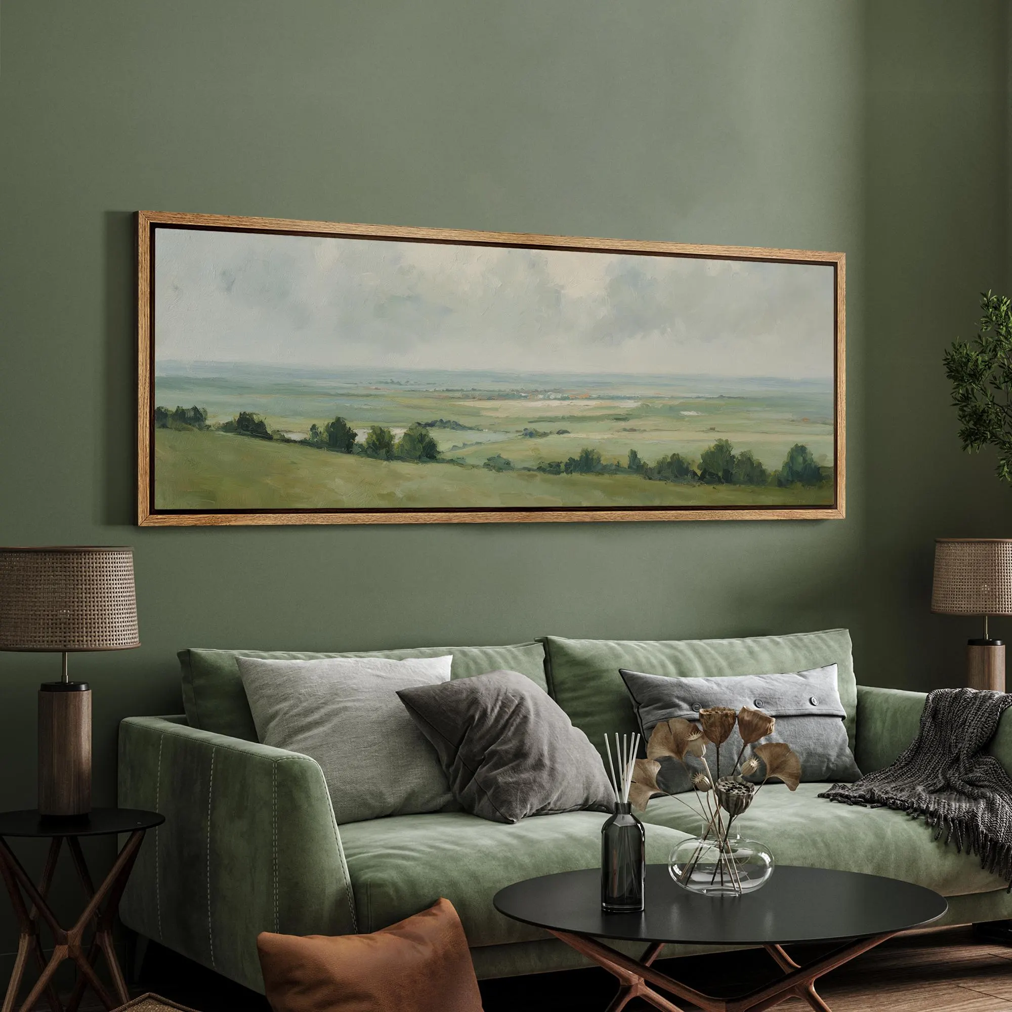 Serene Green Meadow Landscape Wall Art, Large Framed Tranquil Countryside Canvas Print, Soft Sky Horizon Artwork for Living Room Decor