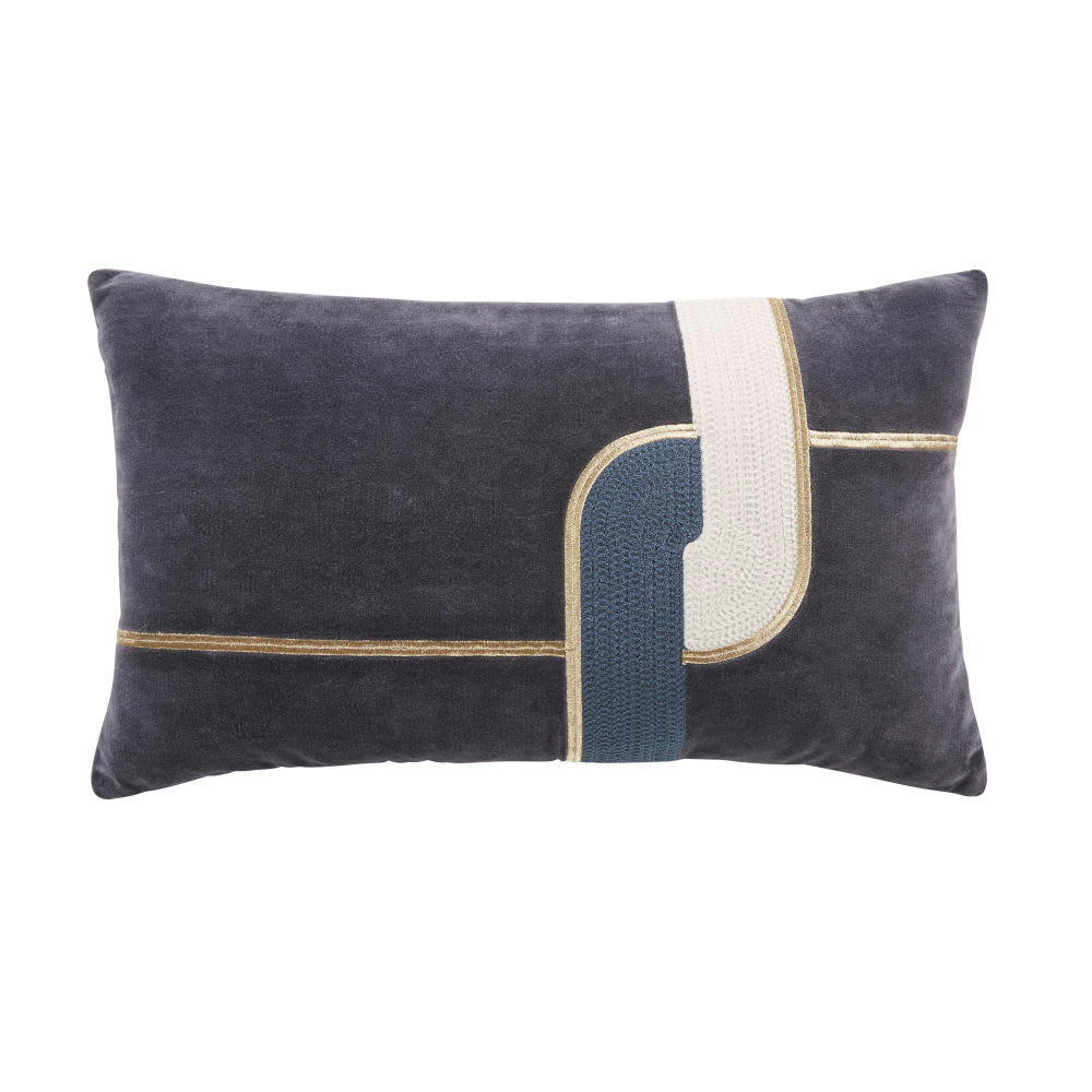 HEBRON - Coussin en velours bleu formes linéaires abstraites 30x50