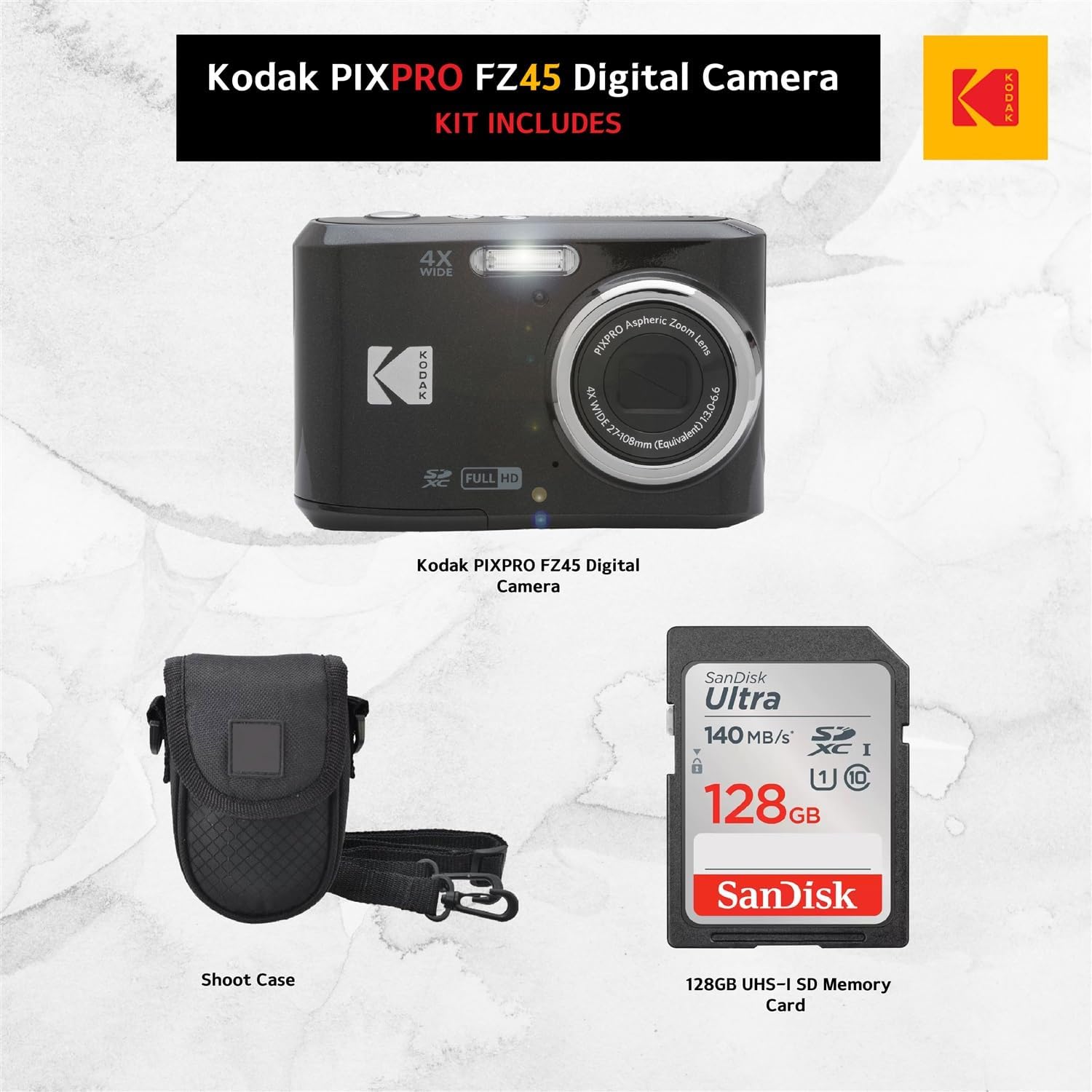 Kodak PIXPRO FZ45 Digital Camera (Black)  Point & Shoot Camera Case  Sandisk 128GB SDXC Memory Card