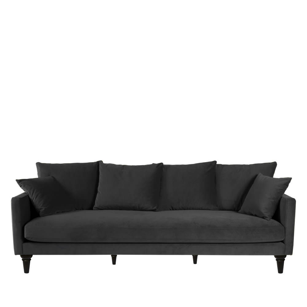 VILLABON - Canapé 4 places en velours pieds tournés gris anthracite