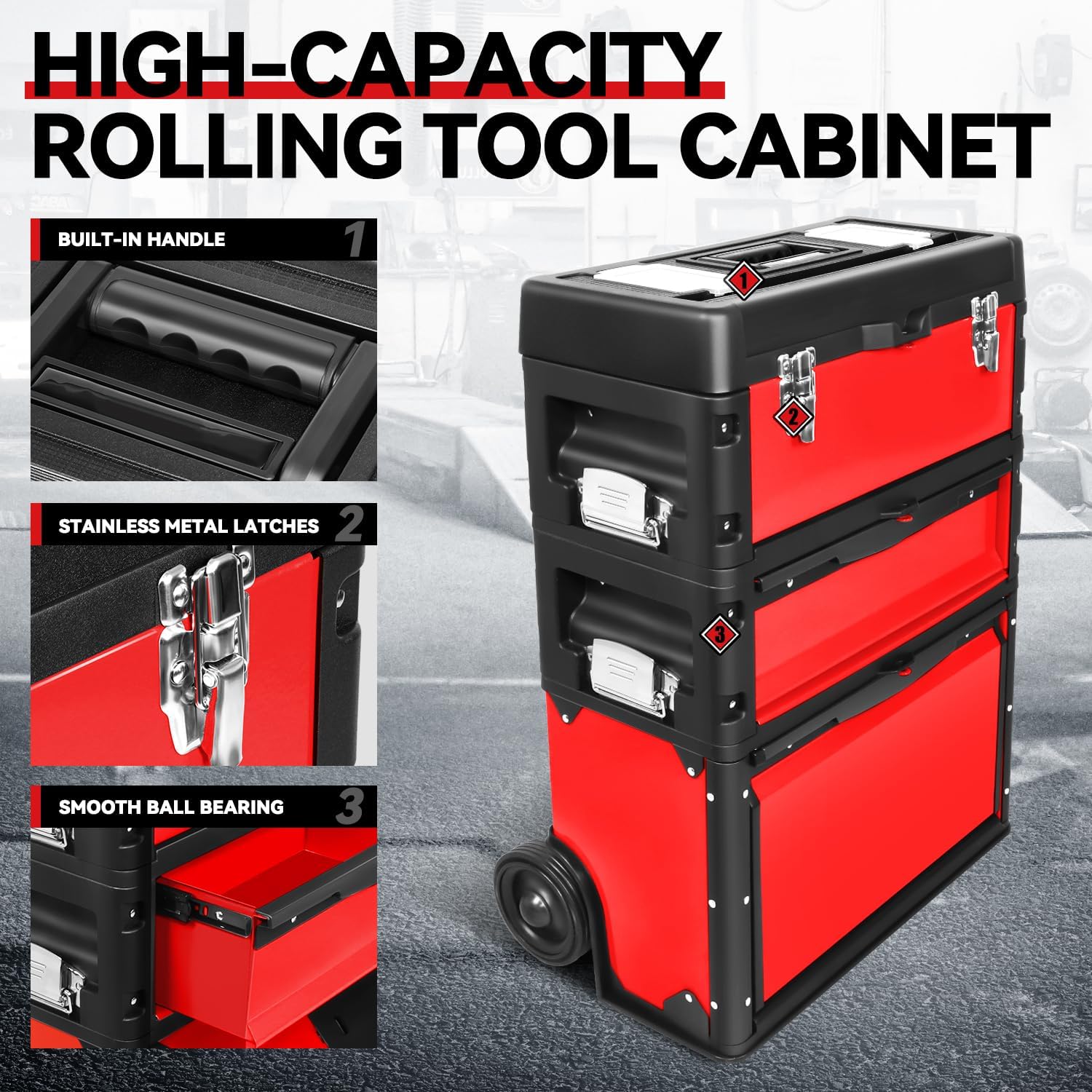 Auto Dynasty Stackable Tool Box 3-Tier Tool Separate Organizer Rolling Tool Chest with Wheels 3-in-1 Upright Trolley for Garage or Workshop, Red