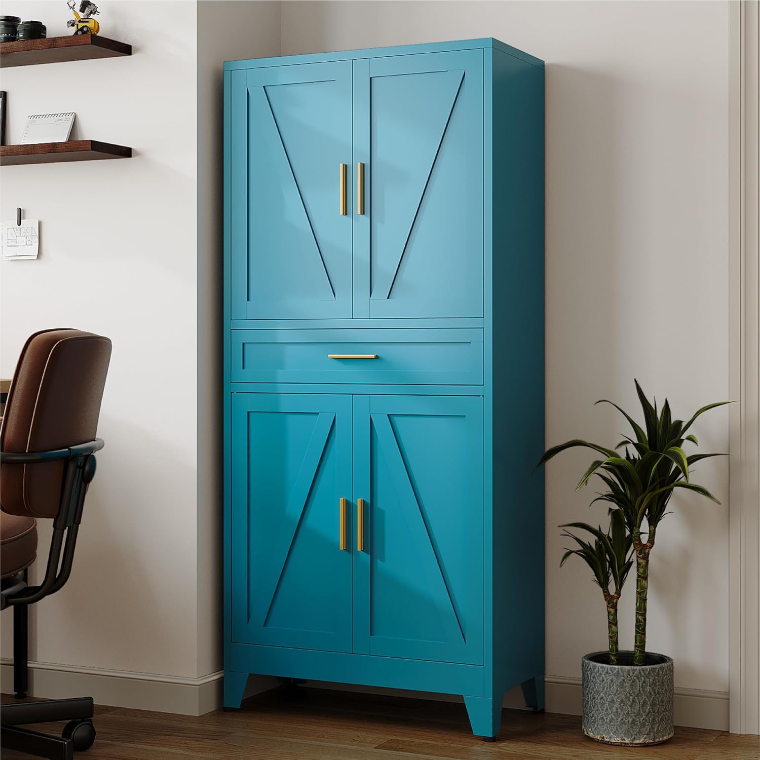 71 Farmhouse Metal Filing Cabinet with a Drawer and 4 Adjustable Shelves, with 4 Large barn Door Blue Kitchen Cabinets, Metal Food Cabinets for Home, Kitchen, Dining/Living Room (Peacock Blue)