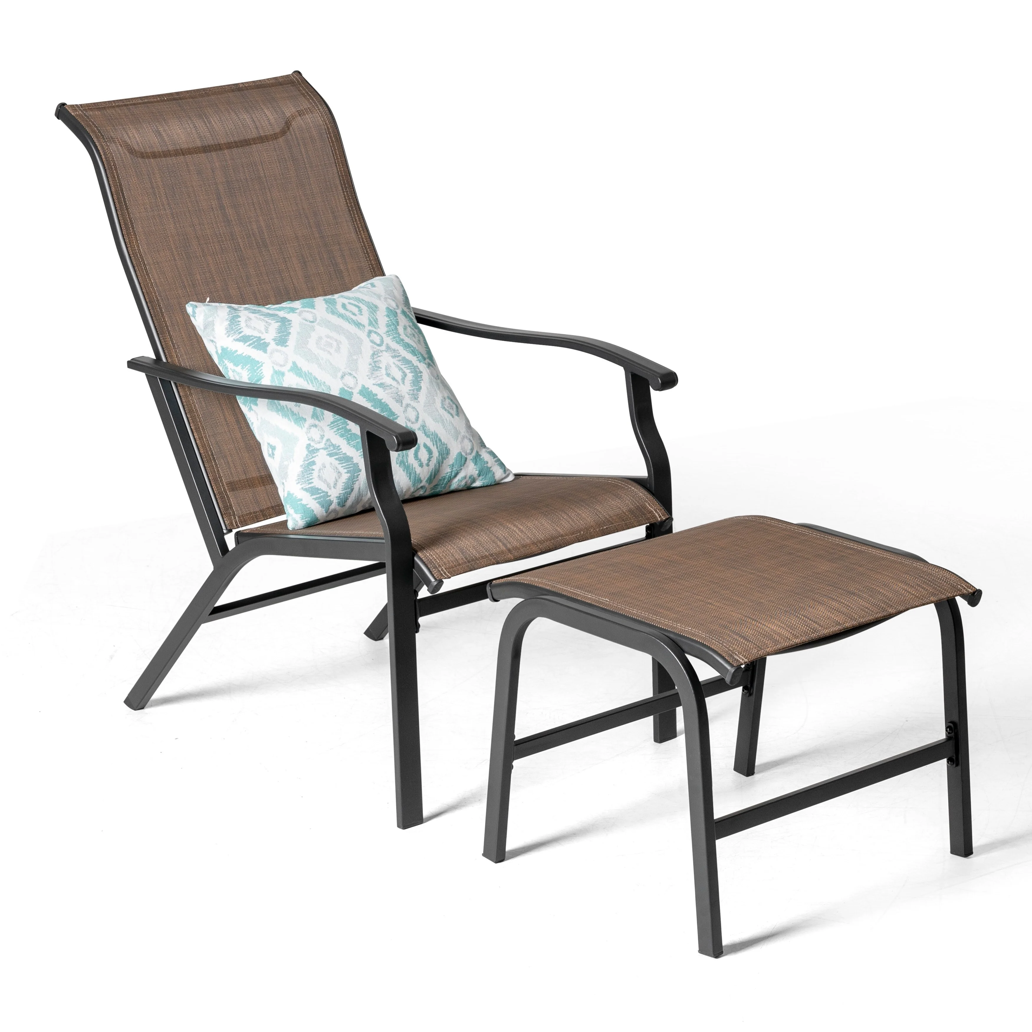 2-Piece Patio All-Weather Textilene Lounge Chair with Ottoman, Brown