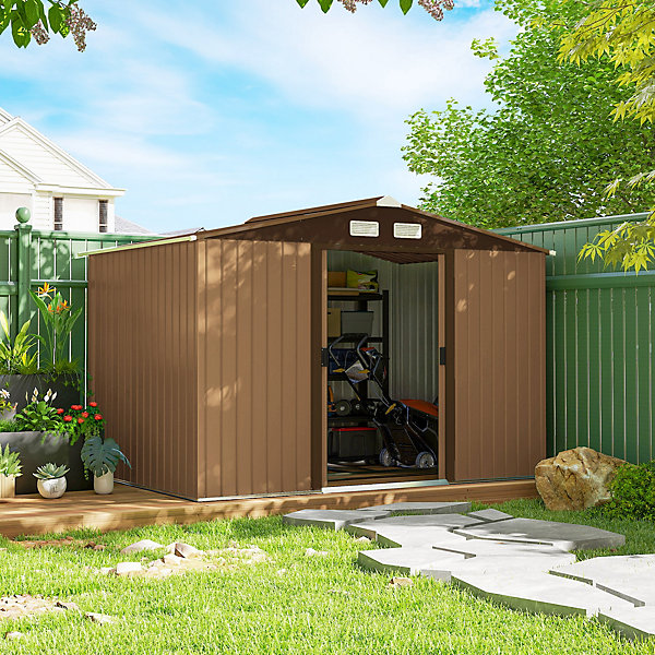 Abri de jardin - cabanon double porte coulissante - fondation incluse - 277L x 191l x 192H cm - tôle d'acier ondulée terracotta