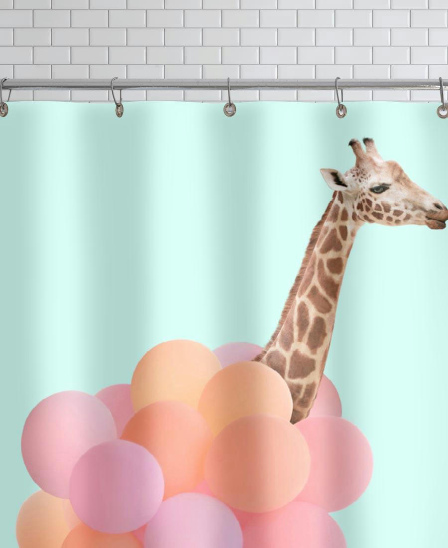 PARTY GIRAFFE - Rideau de douche en polyester en rose & turquoise 150x200