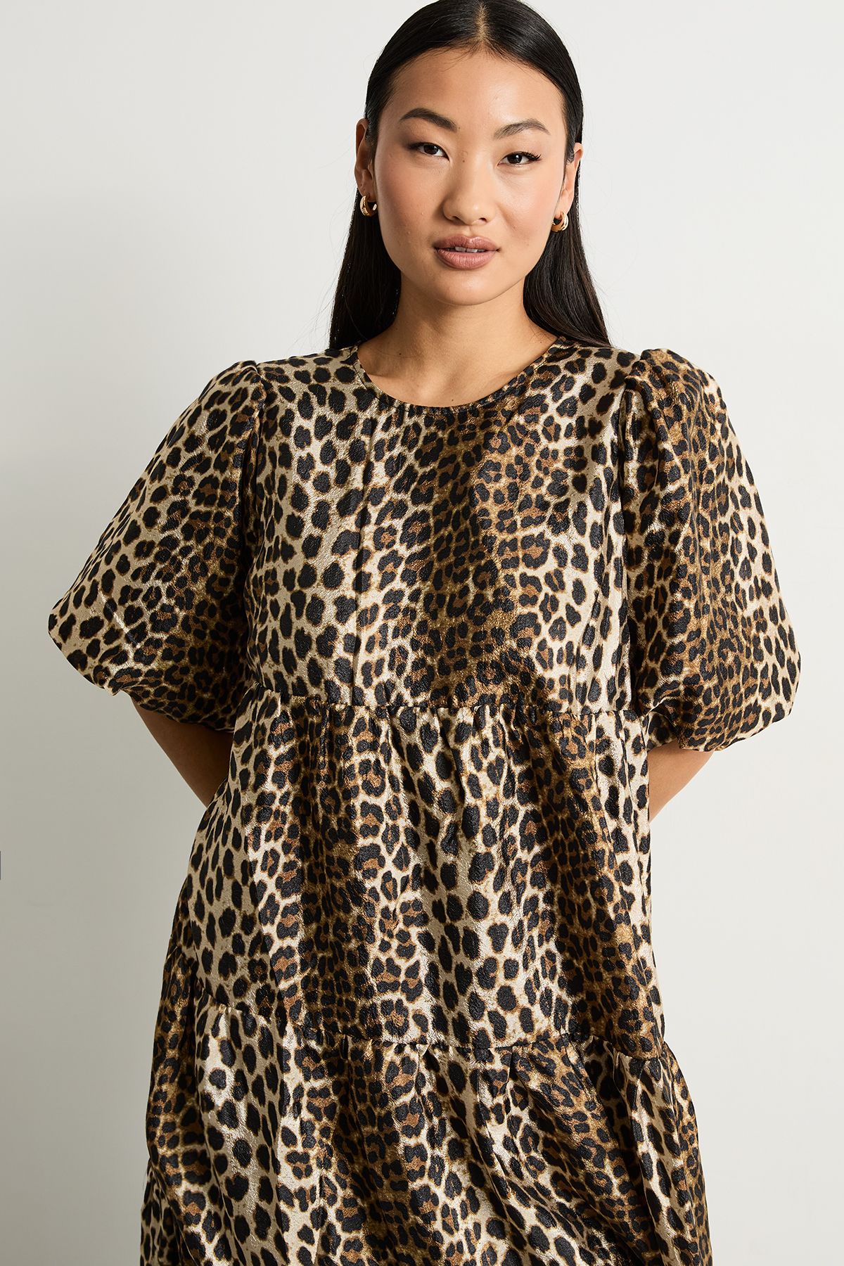 Warehouse Petite Animal Organza Puff Sleeve Midi Smock Dress