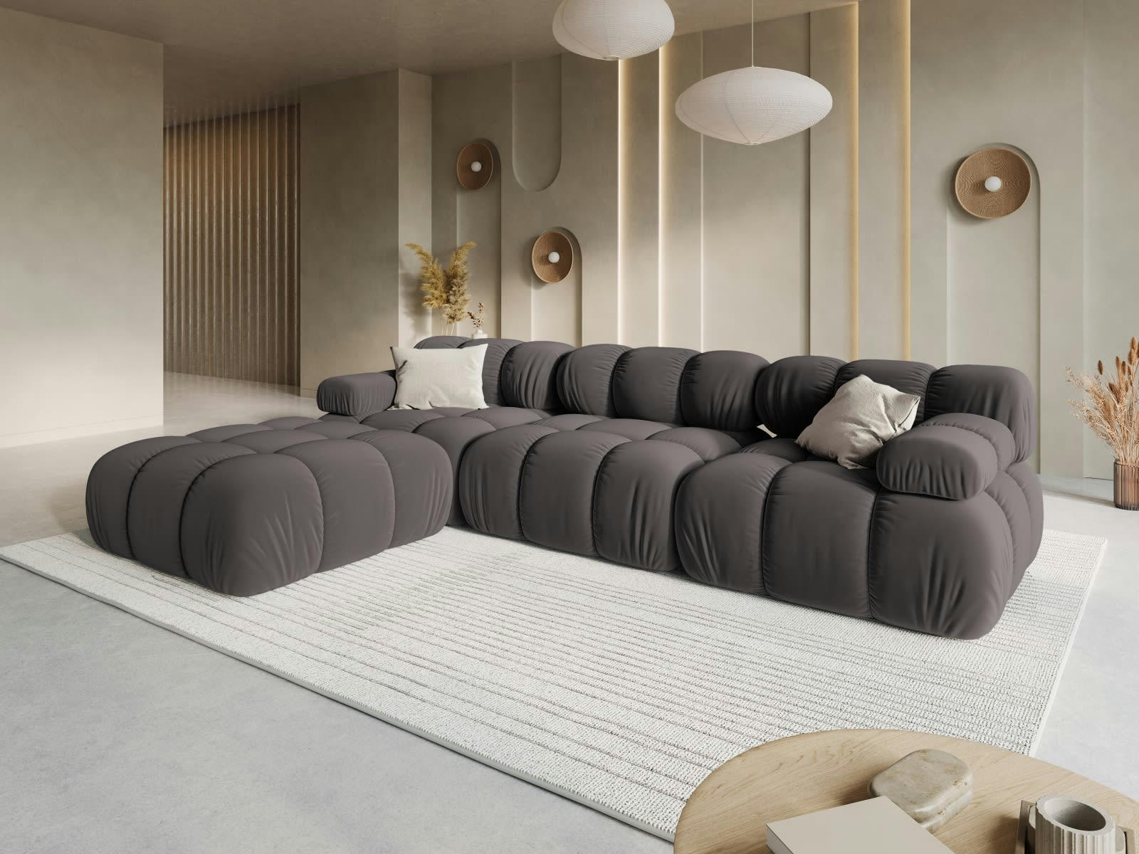 BELLIS - Canapé modulable 4 places en tissu velours gris foncé